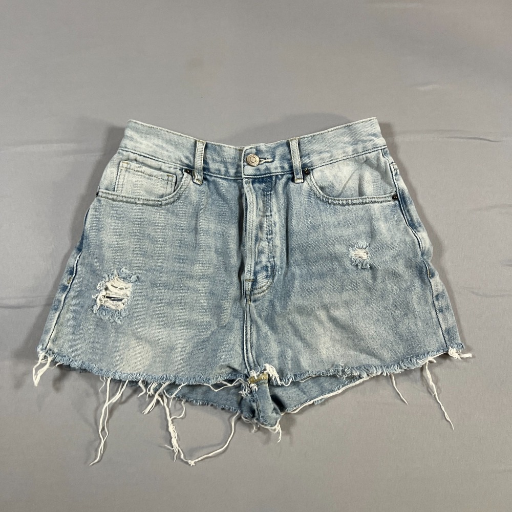 Pacsun High Rise Straight Shorts Womens 27 Blue Denim Distressed Frayed Hem